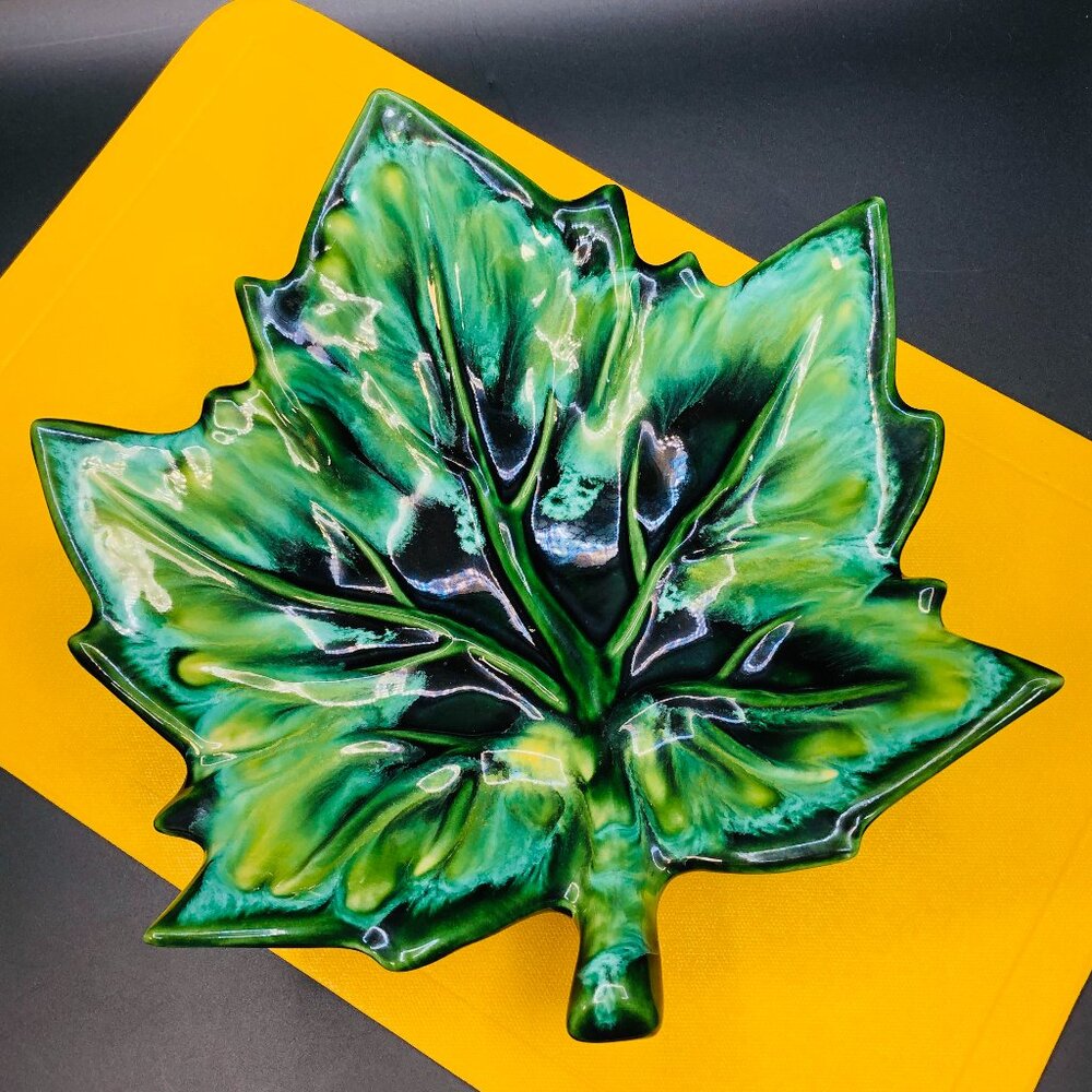 70s Beauceware Oversized Green Maple Leaf Ceramic Console Bowl Organic Decor